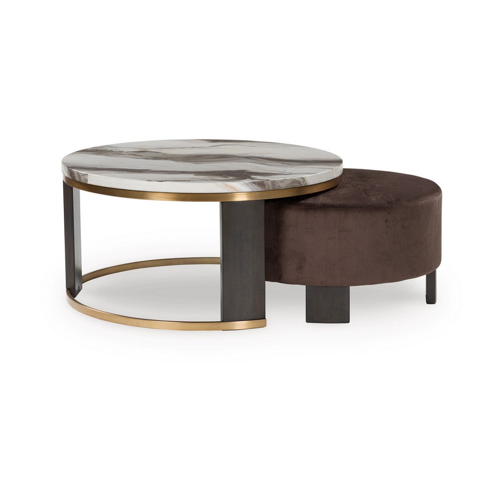 Benjara Poim 2pc Nesting Coffee Table And Ottoman Set, White Marble, Brown Velvet