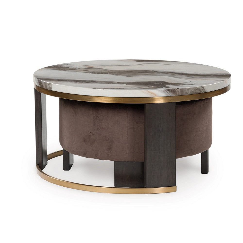 Benjara Poim 2pc Nesting Coffee Table And Ottoman Set, White Marble, Brown Velvet