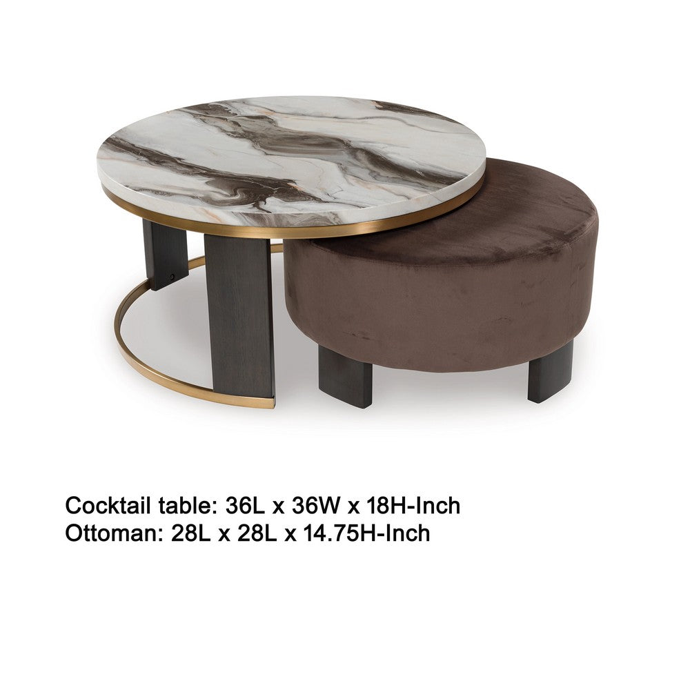 Benjara Poim 2pc Nesting Coffee Table And Ottoman Set, White Marble, Brown Velvet
