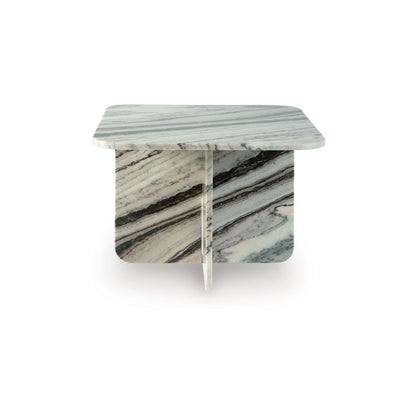 Benjara Eton Accent Coffee Table, 26 Inch Square, Panel Legs, Artisan White Marble