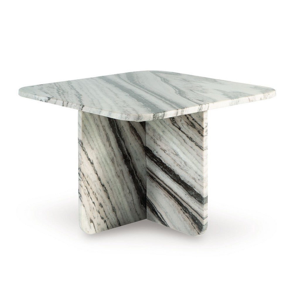 Benjara Eton Accent Coffee Table, 26 Inch Square, Panel Legs, Artisan White Marble