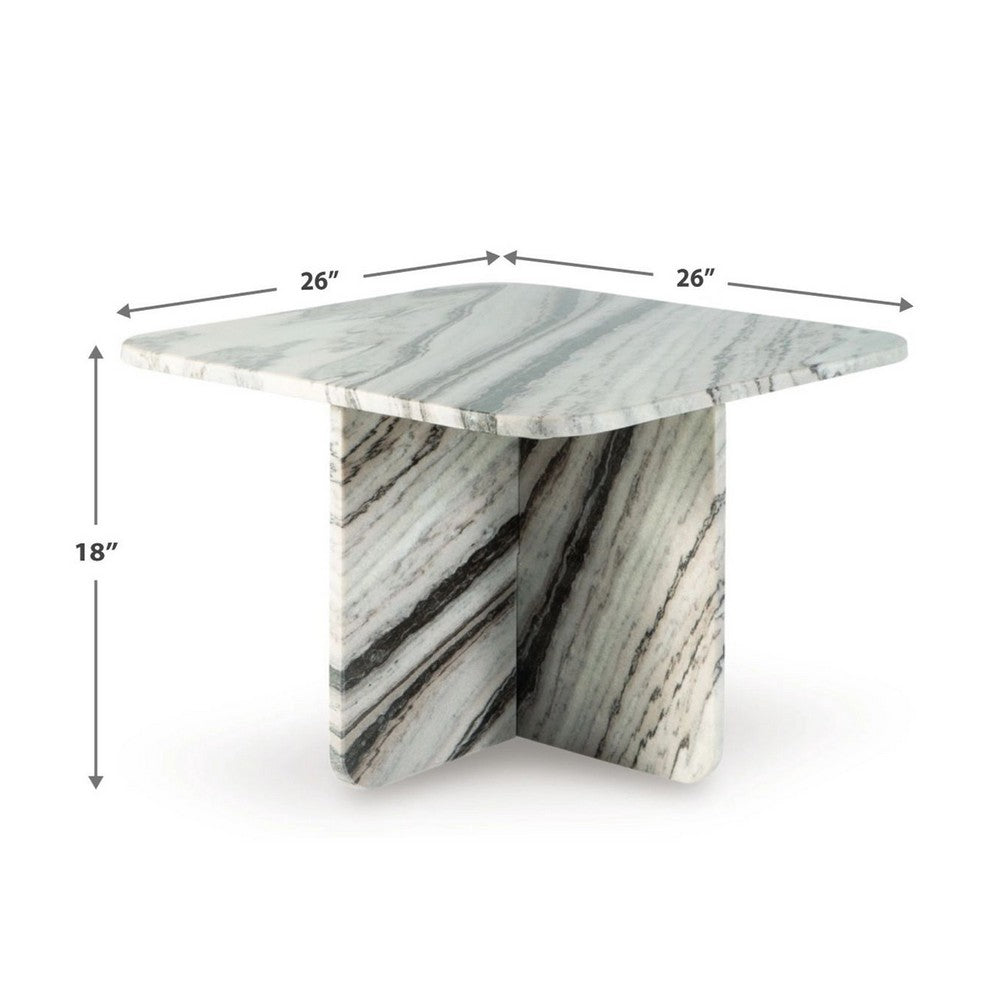 Benjara Eton Accent Coffee Table, 26 Inch Square, Panel Legs, Artisan White Marble