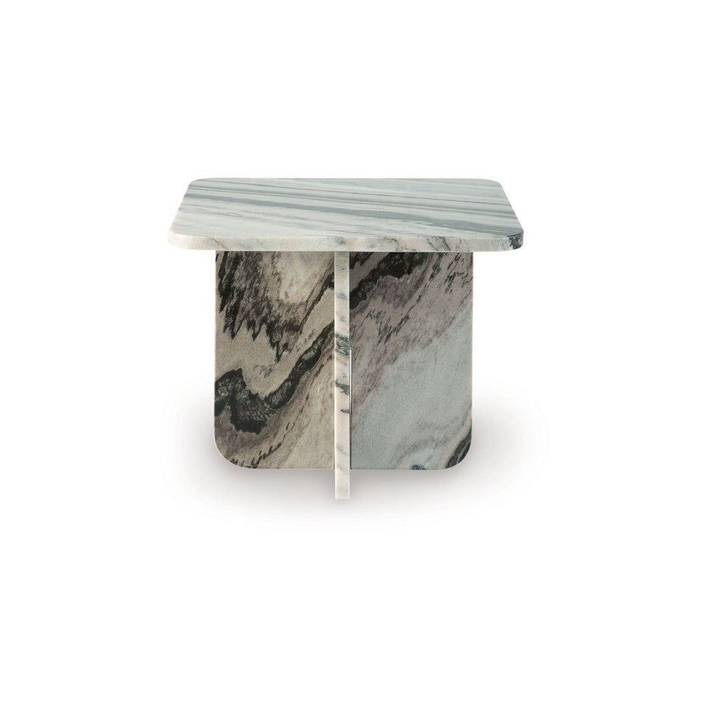 Benjara Eton Accent Coffee Table, 18 Inch Square, Panel Legs, Artisan White Marble