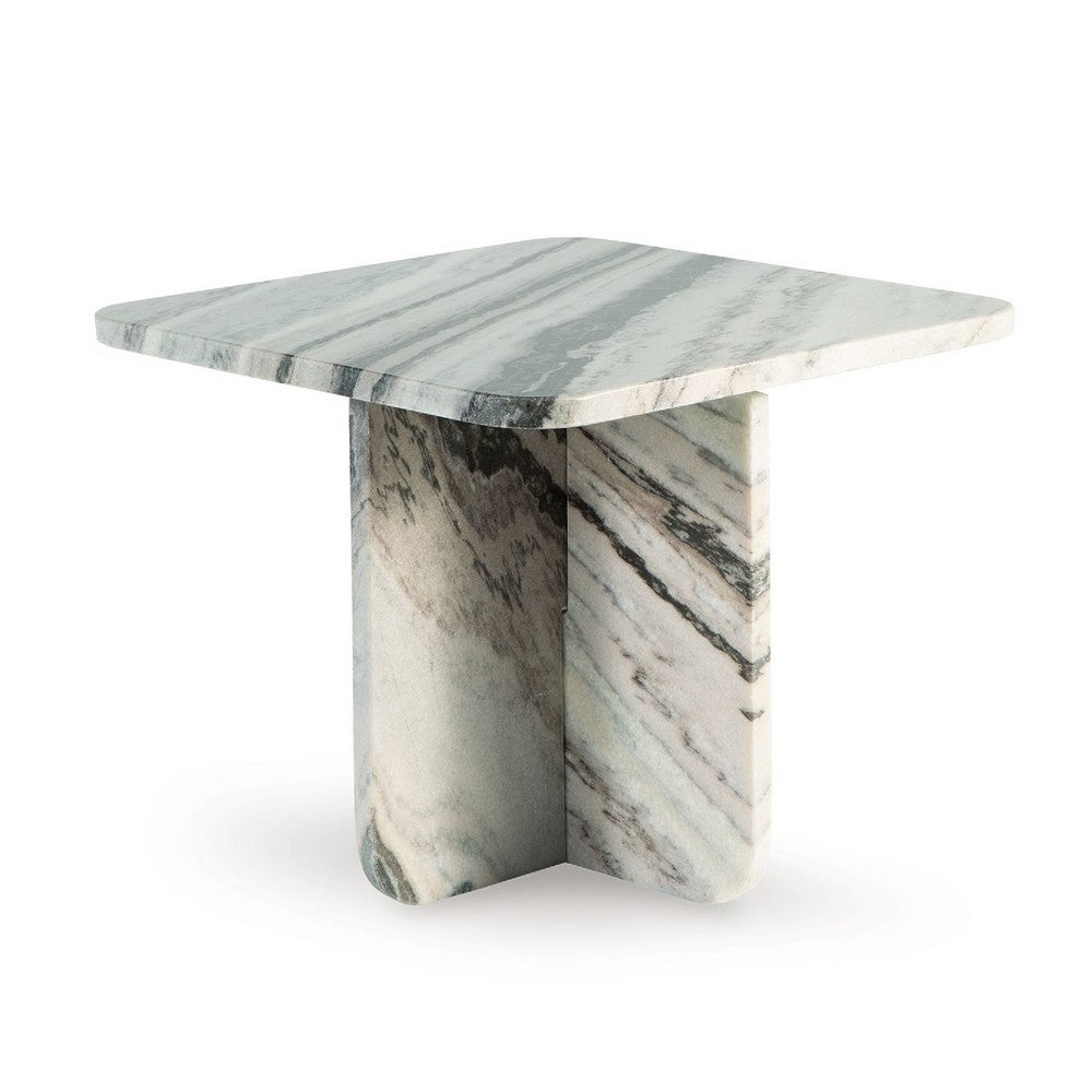 Benjara Eton Accent Coffee Table, 18 Inch Square, Panel Legs, Artisan White Marble