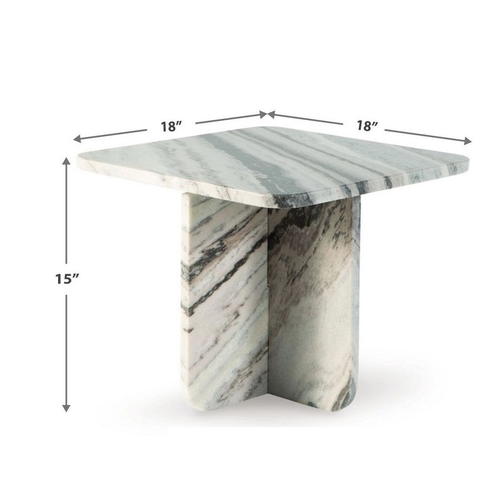 Benjara Eton Accent Coffee Table, 18 Inch Square, Panel Legs, Artisan White Marble