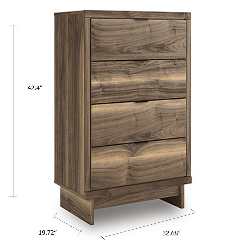 Benjara Lina Tall Dresser Chest, 4 Drawers Integrated Pulls, Natural Wood Brown