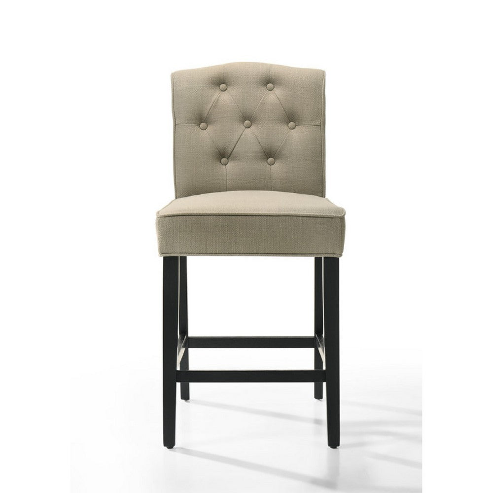 Benjara Kiy Counter Height Chair Set of 2, Tufted Beige Seat, Black Wood Legs