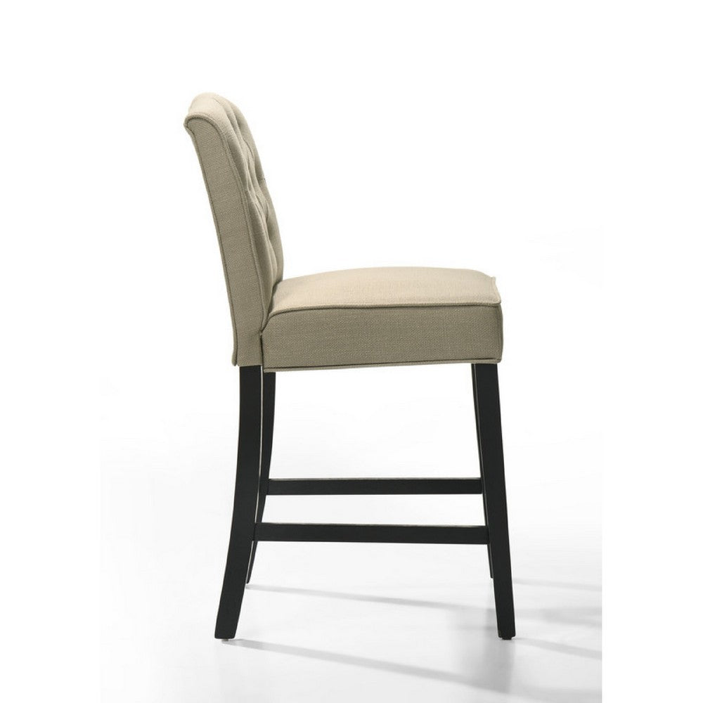 Benjara Kiy Counter Height Chair Set of 2, Tufted Beige Seat, Black Wood Legs