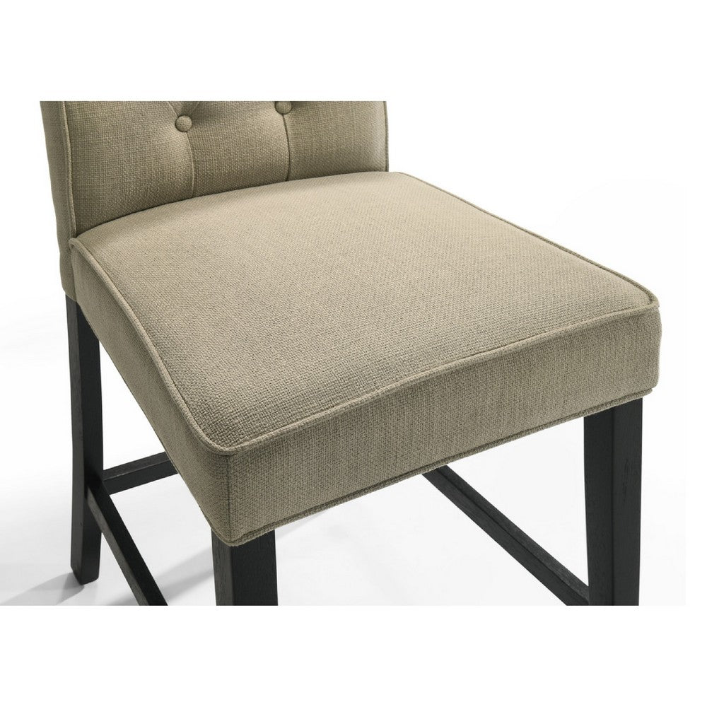 Benjara Kiy Counter Height Chair Set of 2, Tufted Beige Seat, Black Wood Legs