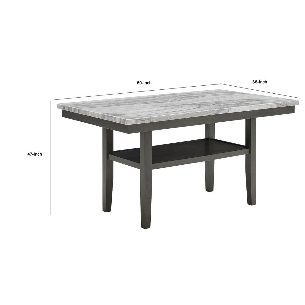 Benjara Jeny Counter Height Dining Table, 60 Inch Faux Marble Top, Dark Gray