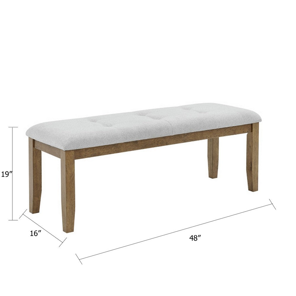 Benjara Meny Dining Bench, Tufted Light Gray Seat, 48 Inch Walnut Oak Brown