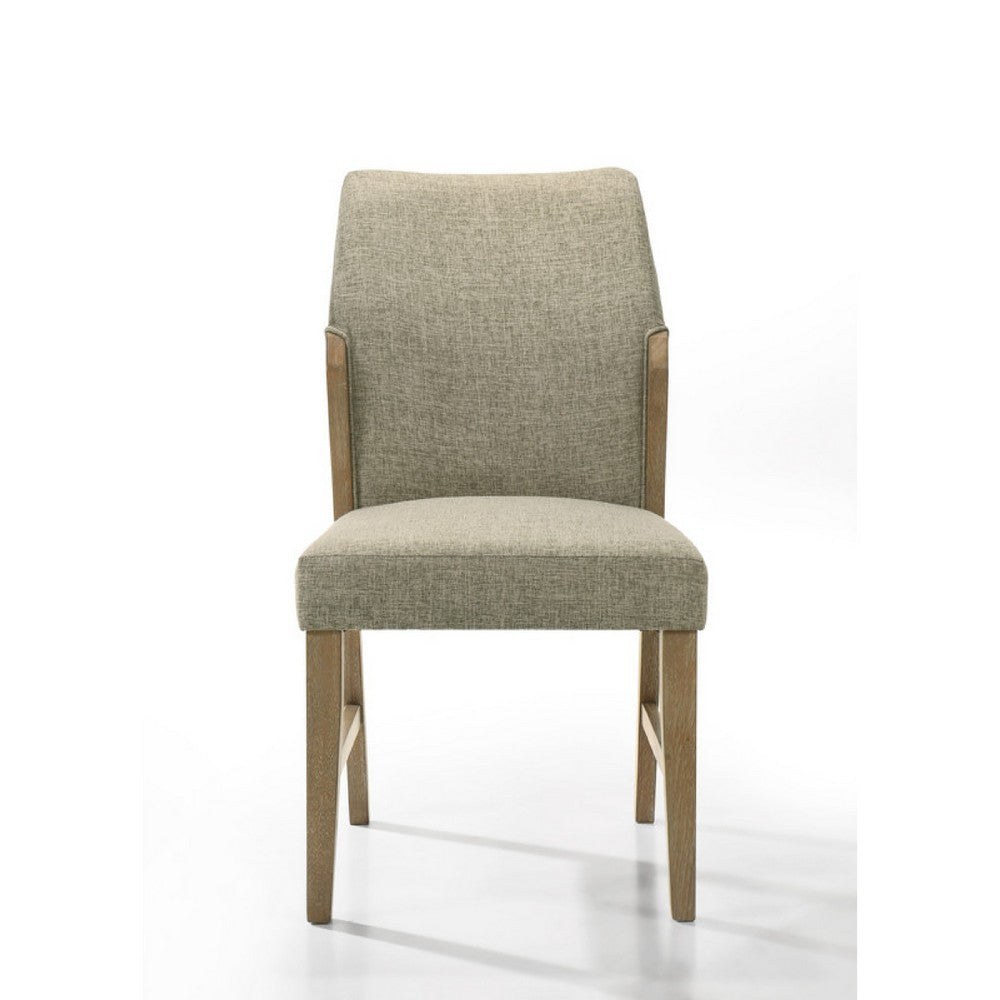 Benjara Lemy Dining Chair Set of 2, Beige Linen Upholstery, Oak Brown Finish