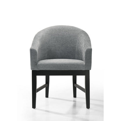 Benjara Memy Dining Chair Set of 2, Gray Upholstered Barrel Back, Black Wood