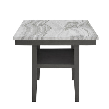 Benjara Jeny Dining Table, 60 Inch Faux Marble Top w Lower Shelf, Dark Gray