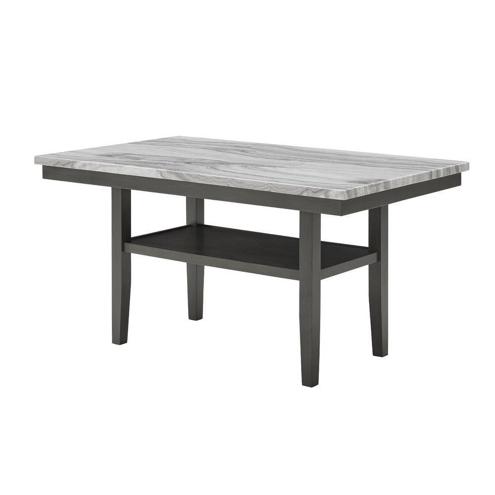 Benjara Jeny Dining Table, 60 Inch Faux Marble Top w Lower Shelf, Dark Gray