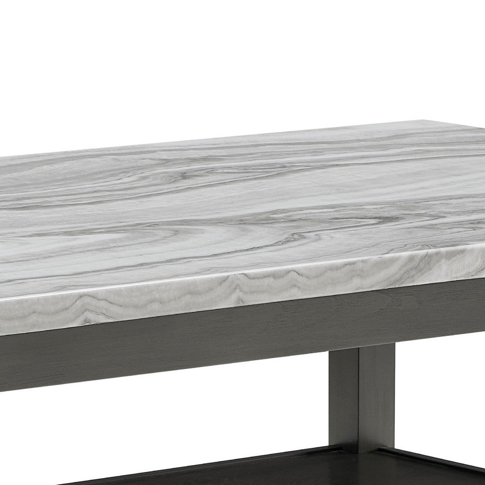 Benjara Jeny Dining Table, 60 Inch Faux Marble Top w Lower Shelf, Dark Gray