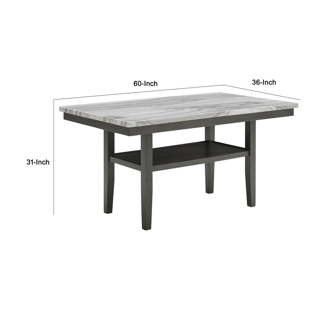 Benjara Jeny Dining Table, 60 Inch Faux Marble Top w Lower Shelf, Dark Gray