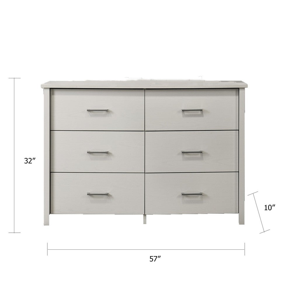 Benjara Kele Wide Dresser, 6 Drawers with Silver Handles, White Laminate