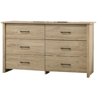 Benjara Kele Wide Dresser, 6 Drawers with Black Handles, Light Oak Brown