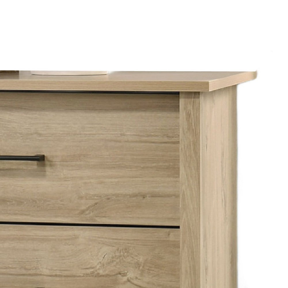 Benjara Kele Wide Dresser, 6 Drawers with Black Handles, Light Oak Brown