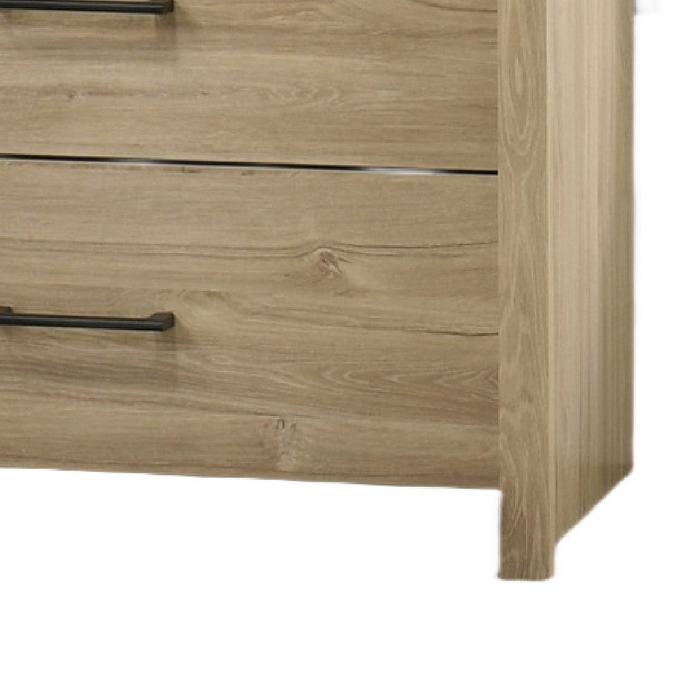 Benjara Kele Wide Dresser, 6 Drawers with Black Handles, Light Oak Brown