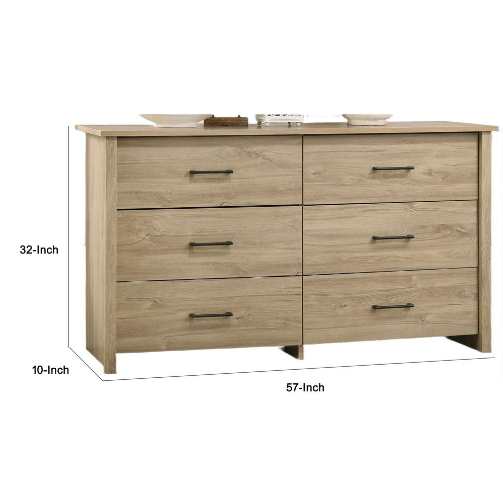 Benjara Kele Wide Dresser, 6 Drawers with Black Handles, Light Oak Brown