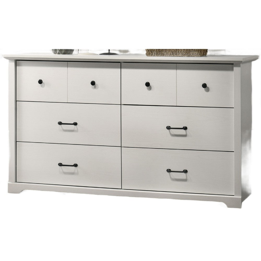 Benjara Lara Wide Dresser, 6 Drawer with Black Handles, White Lamination