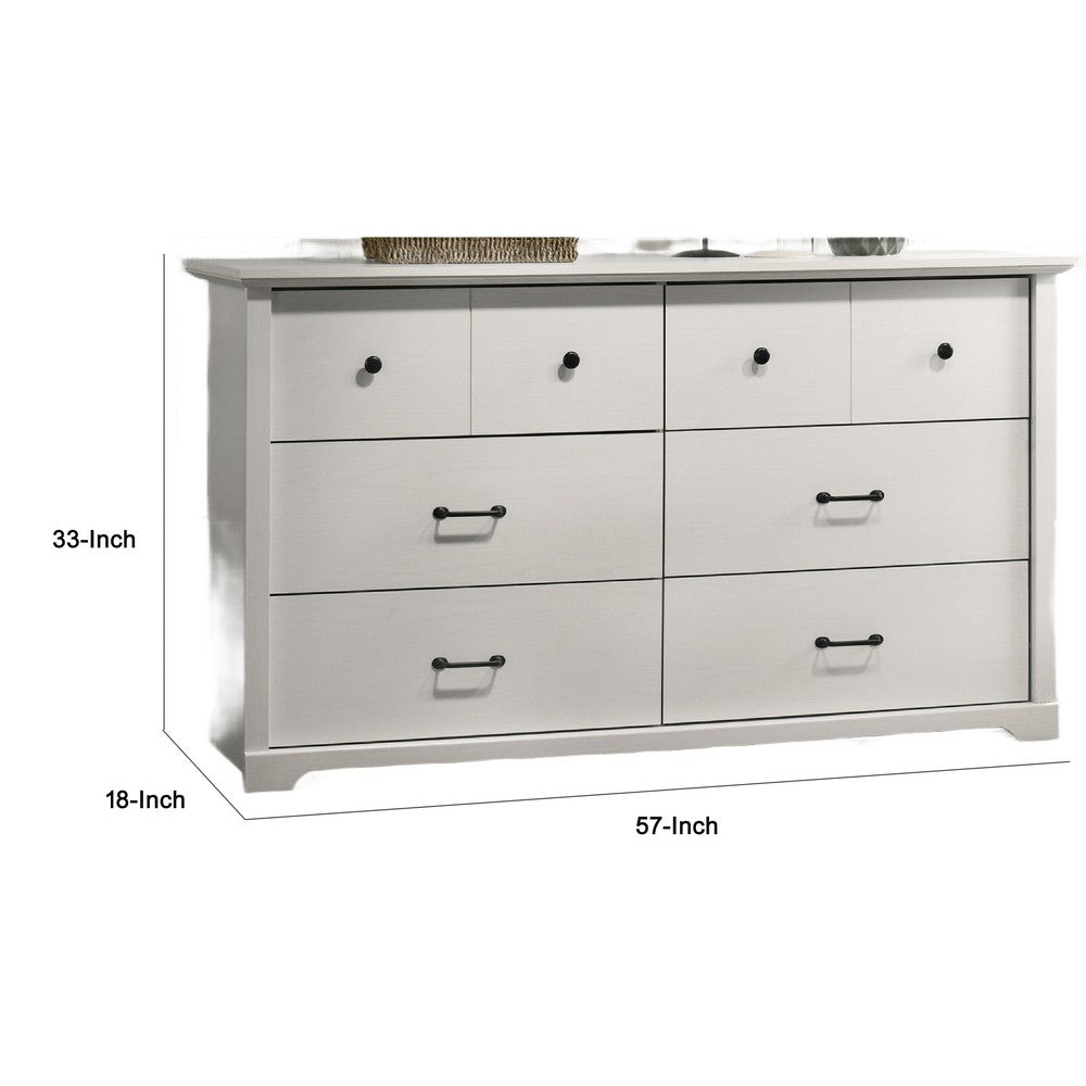 Benjara Lara Wide Dresser, 6 Drawer with Black Handles, White Lamination