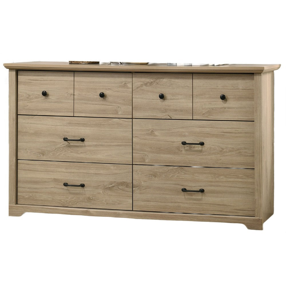 Benjara Lara Wide Dresser, 6 Drawer with Black Handles, Farmhouse Light Oak Brown