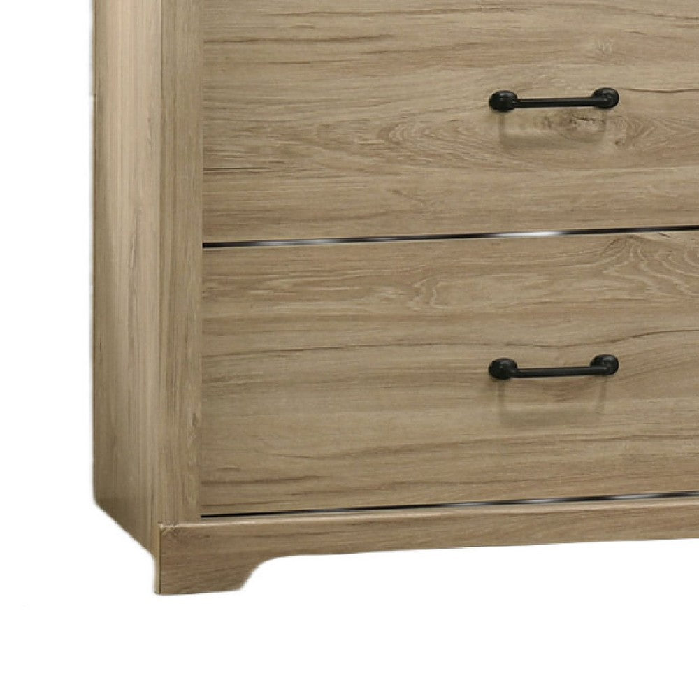 Benjara Lara Wide Dresser, 6 Drawer with Black Handles, Farmhouse Light Oak Brown