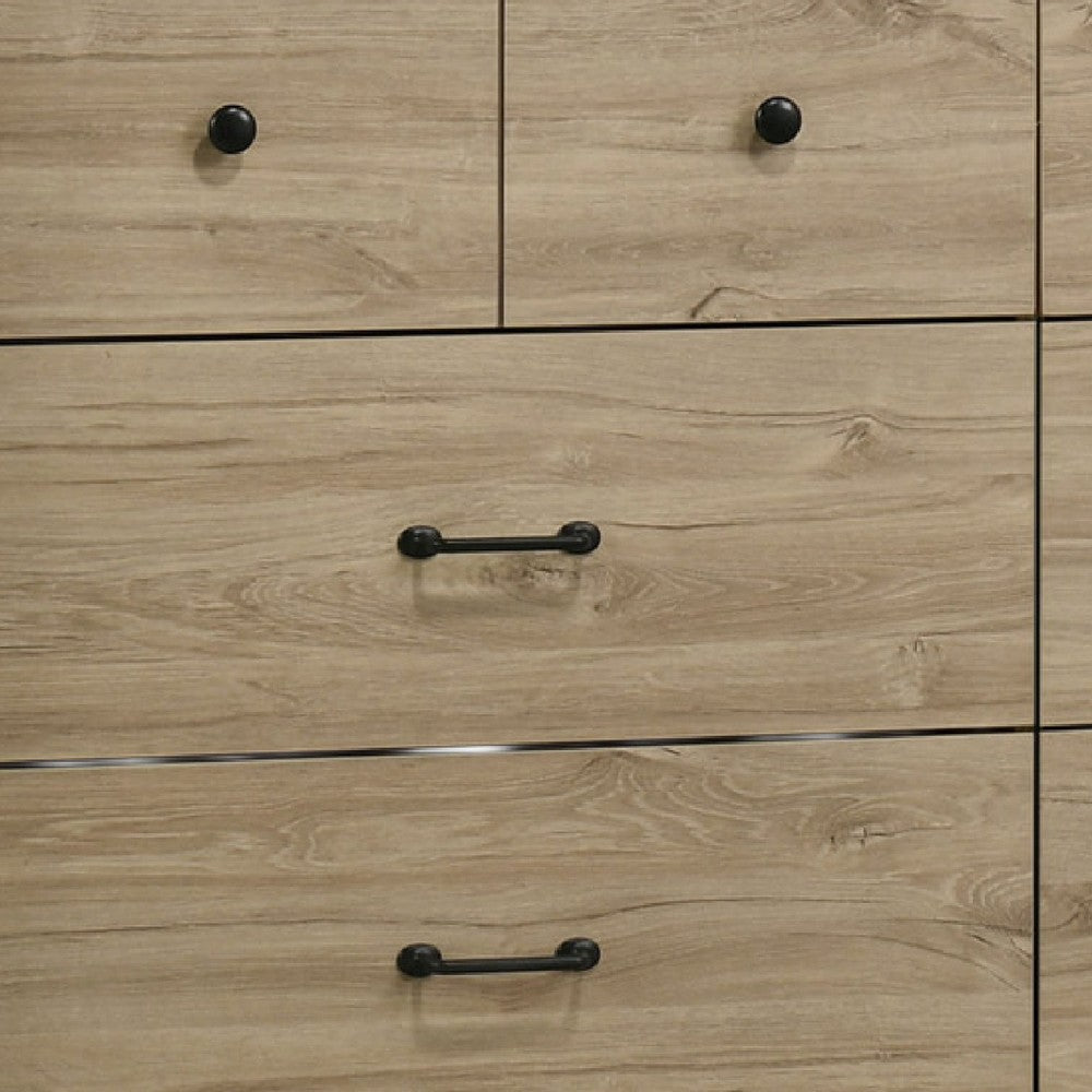 Benjara Lara Wide Dresser, 6 Drawer with Black Handles, Farmhouse Light Oak Brown