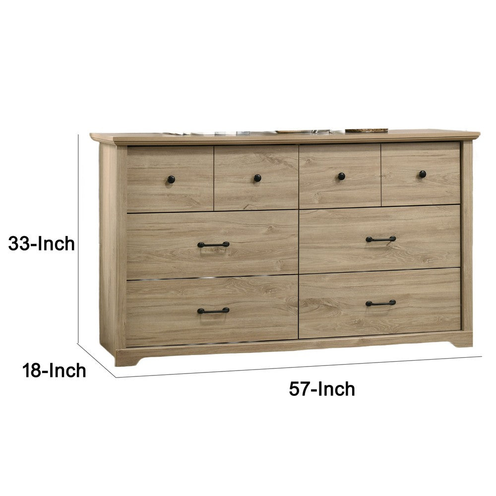 Benjara Lara Wide Dresser, 6 Drawer with Black Handles, Farmhouse Light Oak Brown