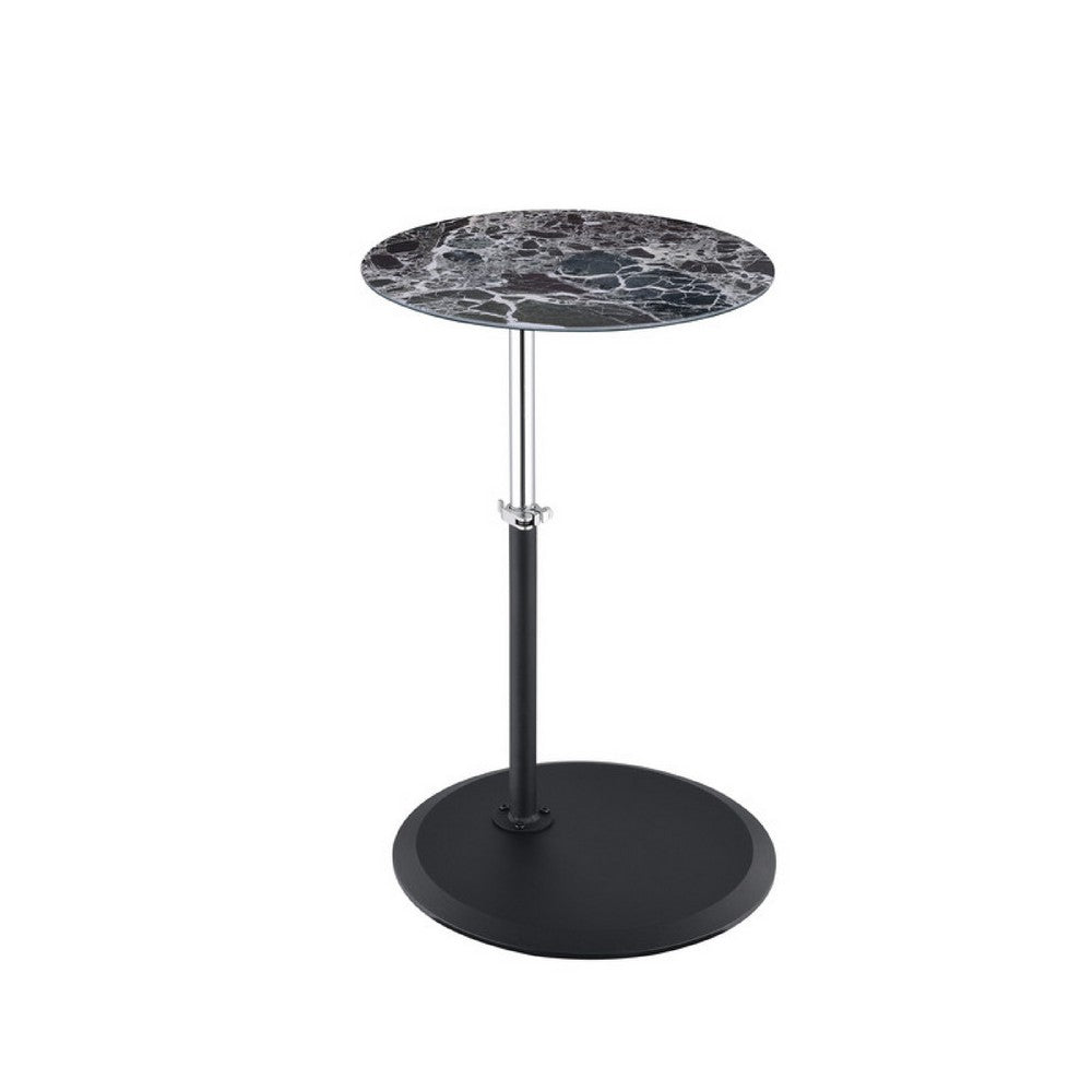 Benjara Ory Side End Table, 16 Inch Round Black Glass Top with Adjustable Height