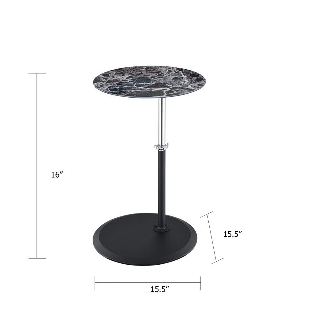 Benjara Ory Side End Table, 16 Inch Round Black Glass Top with Adjustable Height