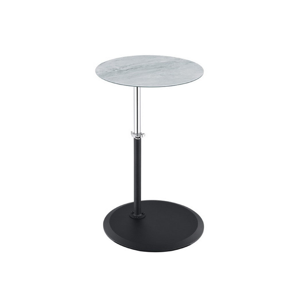 Benjara Ory Side End Table, 16 Inch Round Gray Glass Top with Adjustable Height