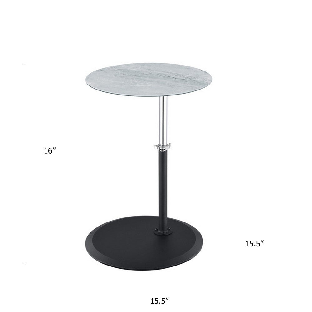 Benjara Ory Side End Table, 16 Inch Round Gray Glass Top with Adjustable Height