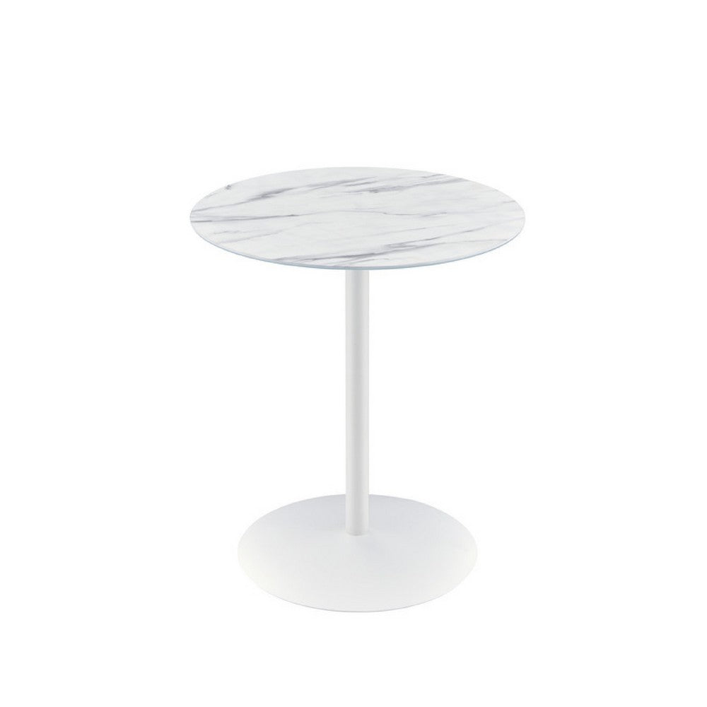 Benjara Ciry Side End Table, 18 Inch Round Marble Glass Top, Steel Base, White