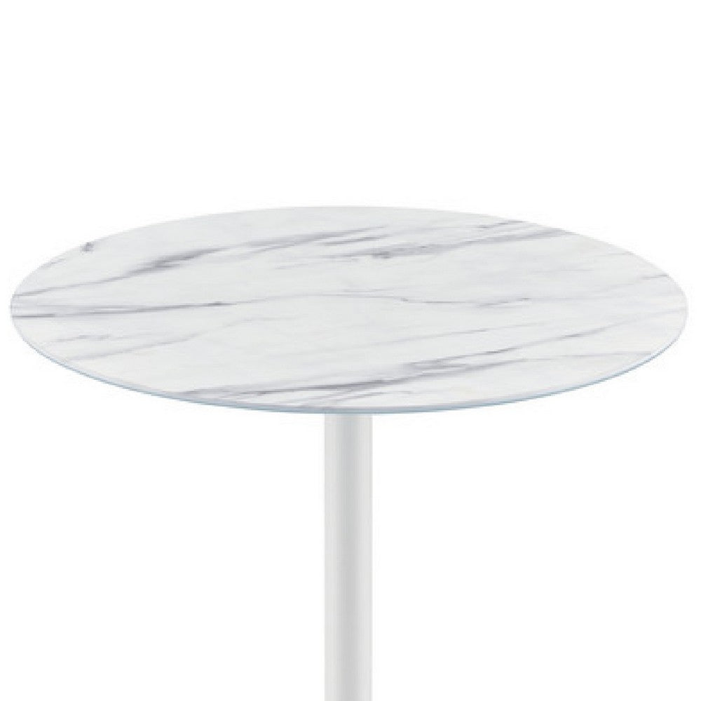 Benjara Ciry Side End Table, 18 Inch Round Marble Glass Top, Steel Base, White