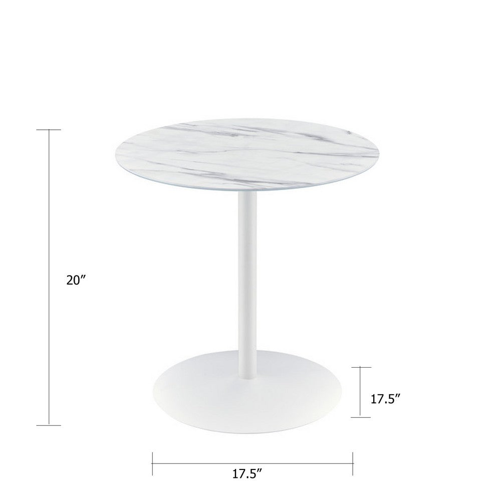 Benjara Ciry Side End Table, 18 Inch Round Marble Glass Top, Steel Base, White