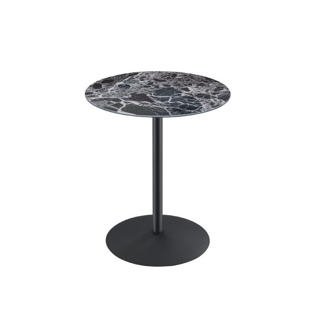 Benjara Ciry Side End Table, 18 Inch Round Marble Glass Top, Steel Base, Black