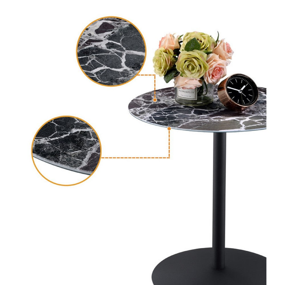 Benjara Ciry Side End Table, 18 Inch Round Marble Glass Top, Steel Base, Black