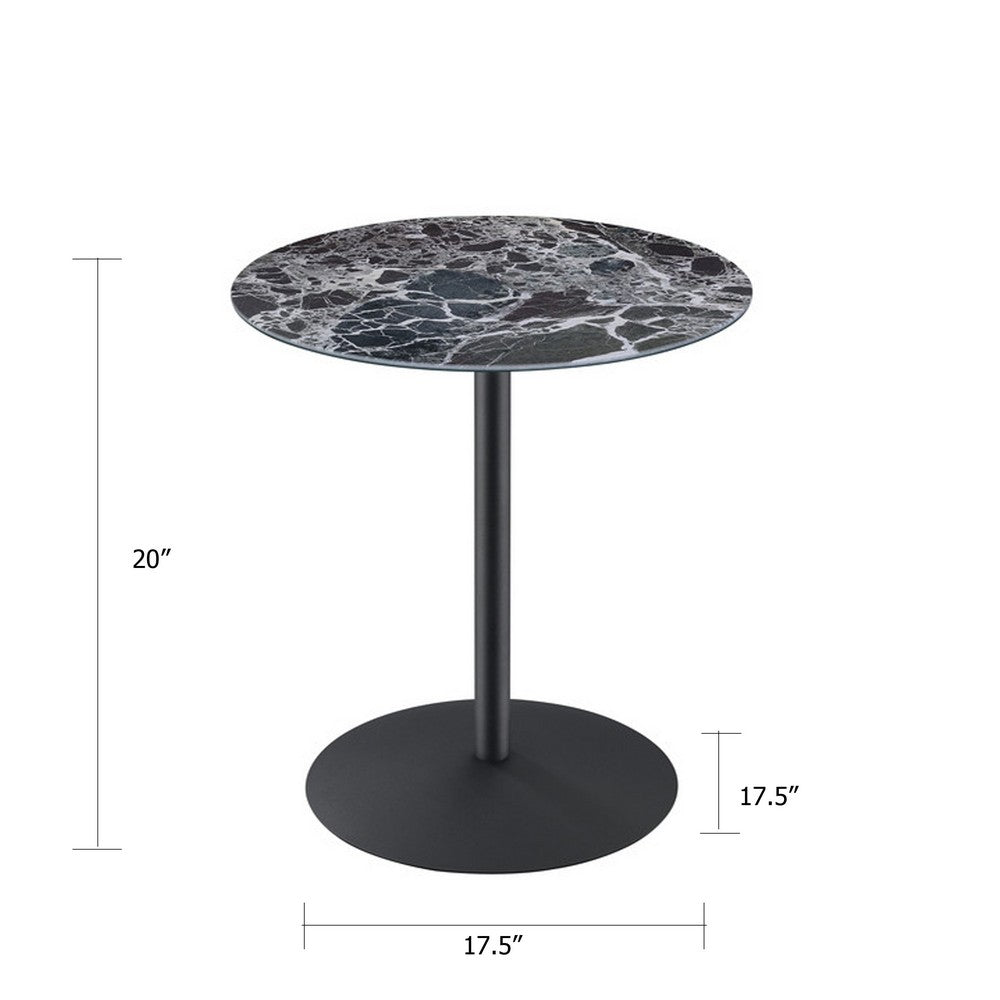 Benjara Ciry Side End Table, 18 Inch Round Marble Glass Top, Steel Base, Black