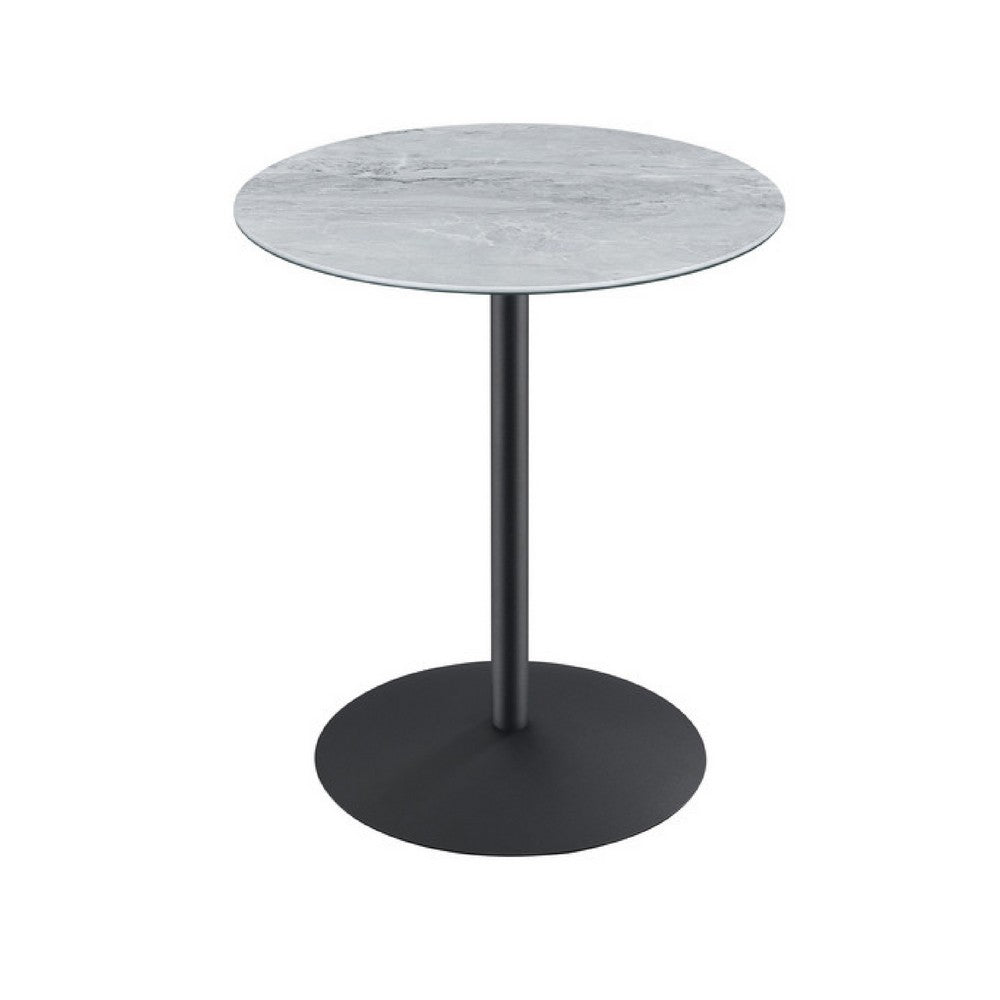 Benjara Ciry Side End Table, 18 Inch Round Gray Marble Glass Top, Steel Base