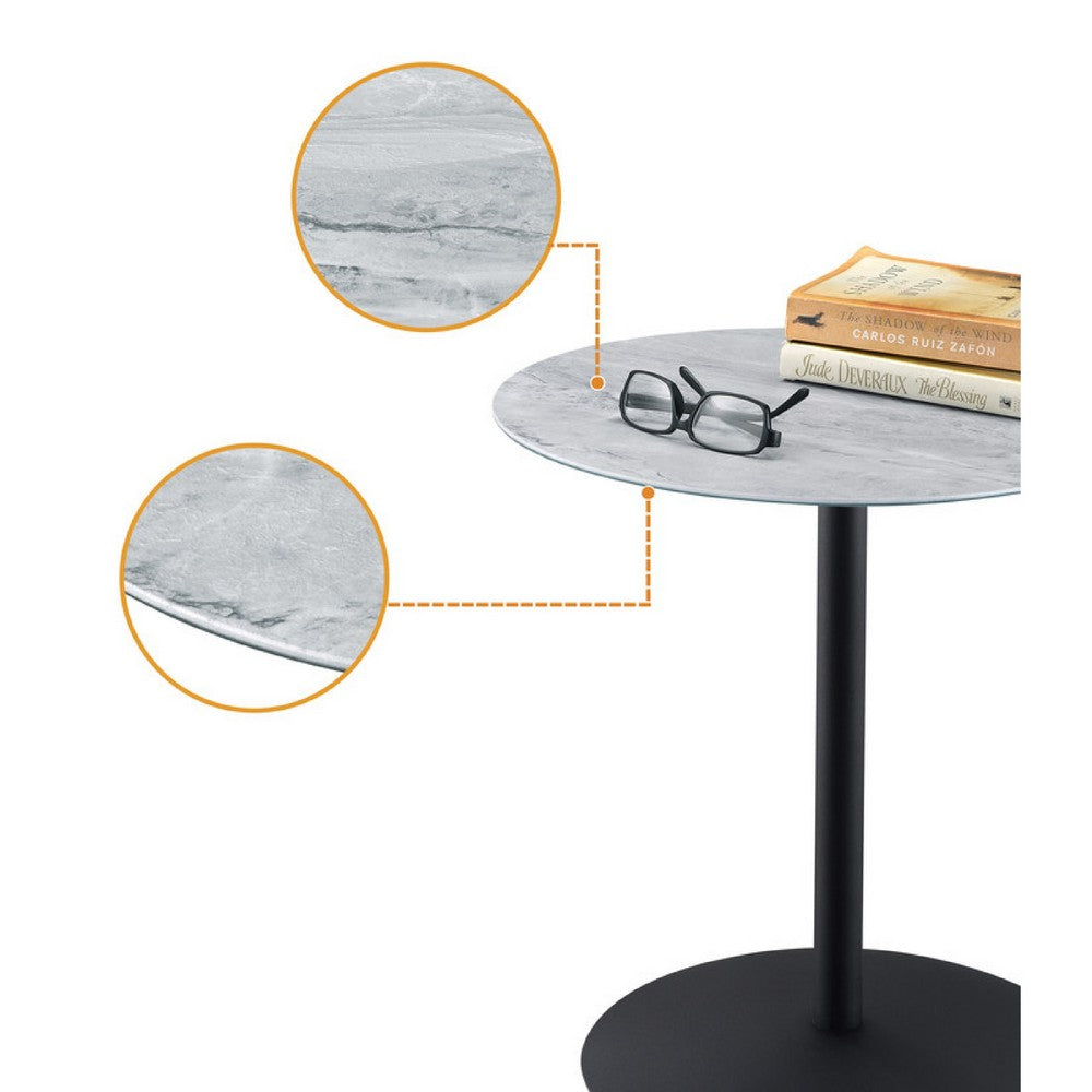 Benjara Ciry Side End Table, 18 Inch Round Gray Marble Glass Top, Steel Base