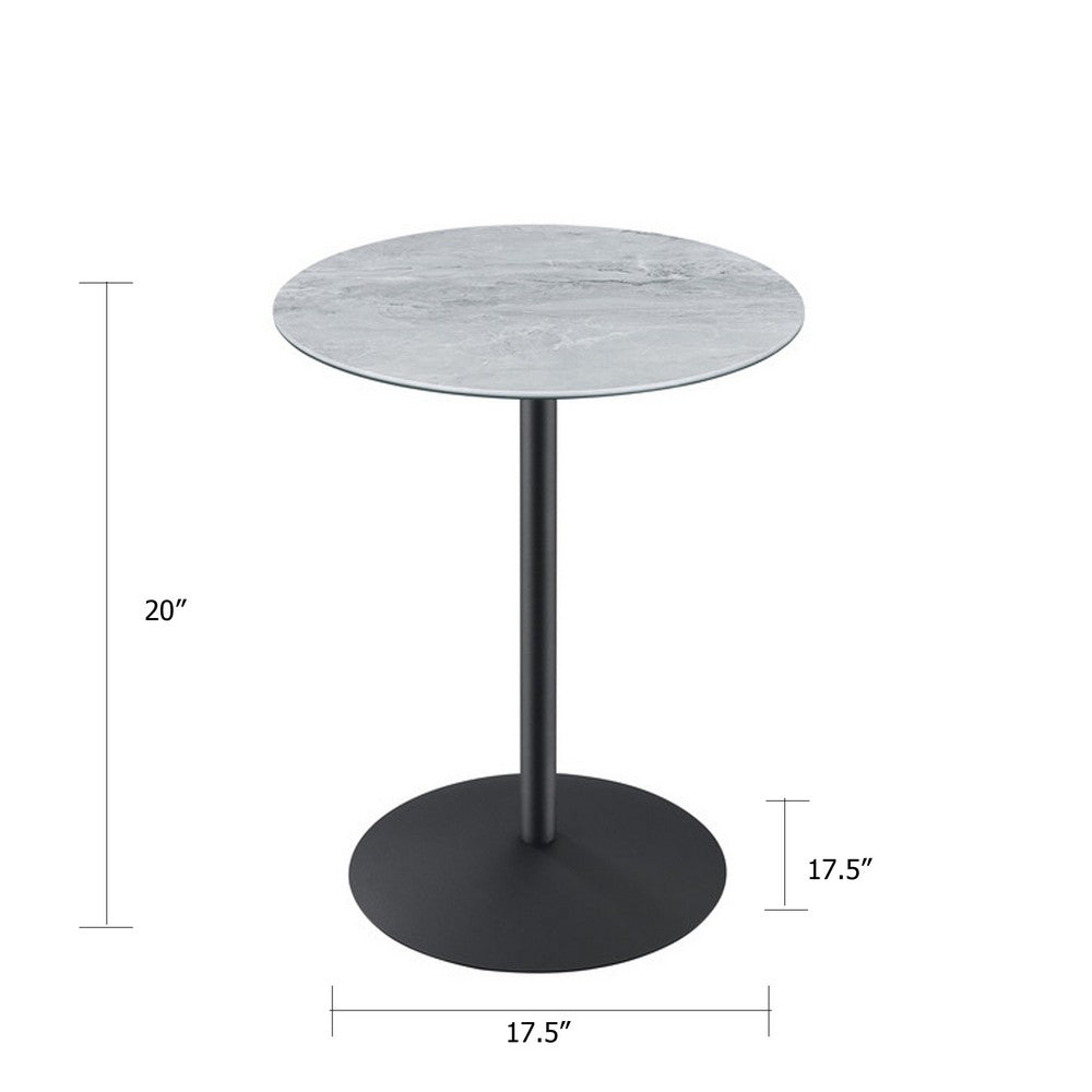 Benjara Ciry Side End Table, 18 Inch Round Gray Marble Glass Top, Steel Base