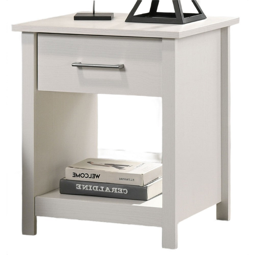 Benjara Kele Nightstand, 1 Drawer with Silver Handle, 1 Lower Open Shelf, White