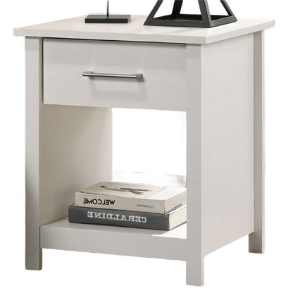 Benjara Kele Nightstand, 1 Drawer with Silver Handle, 1 Lower Open Shelf, White