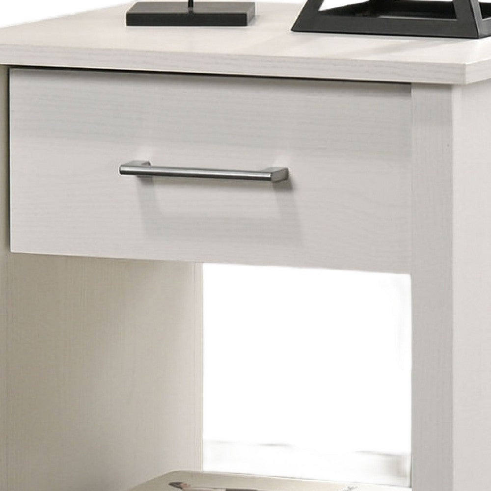 Benjara Kele Nightstand, 1 Drawer with Silver Handle, 1 Lower Open Shelf, White