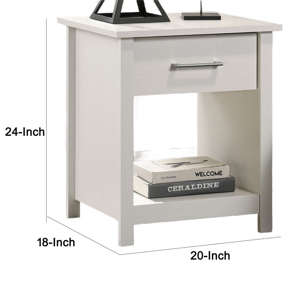 Benjara Kele Nightstand, 1 Drawer with Silver Handle, 1 Lower Open Shelf, White