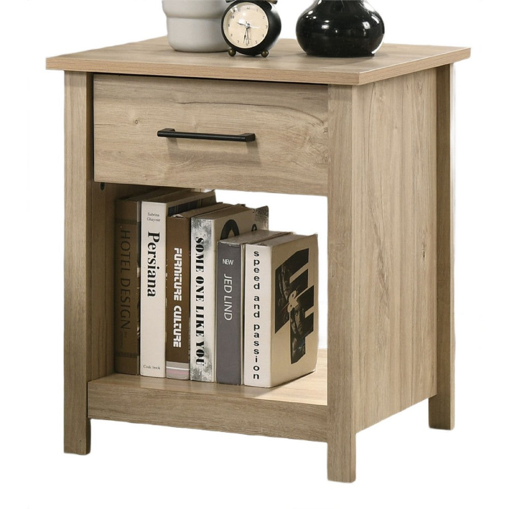 Benjara Kele Nightstand, 1 Drawer with Black Handle, 1 Shelf, Light Oak Brown